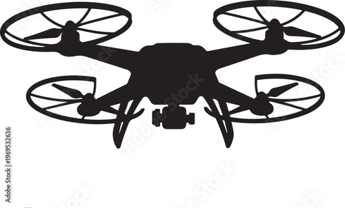 Black drone icon, quadcopter silhouette, aerial vehicle, unmanned aircraft
