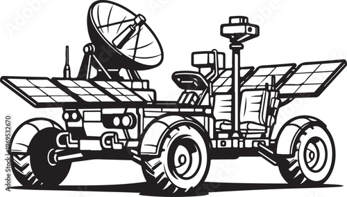 Lunar rover, space exploration vehicle, satellite dish antenna, solar panels, black and white vector illustration