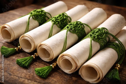 White paper scrolls tied wi...