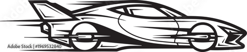 Futuristic sports car, racing vehicle, speedster illustration, black and white vector