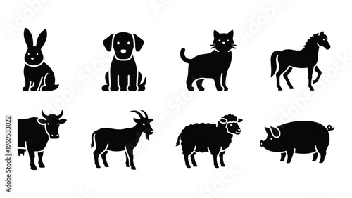 A collection of various farm and wild animals depicted in a flat black silhouette style high quality professional detailed modern elegant