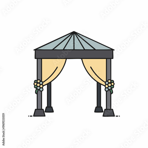 Stylized Wedding Arch with Pale Yellow Drapes and Floral Accents