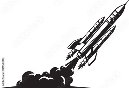 Rocket launch, space rocket, vector illustration, black and white, launchpad blast off