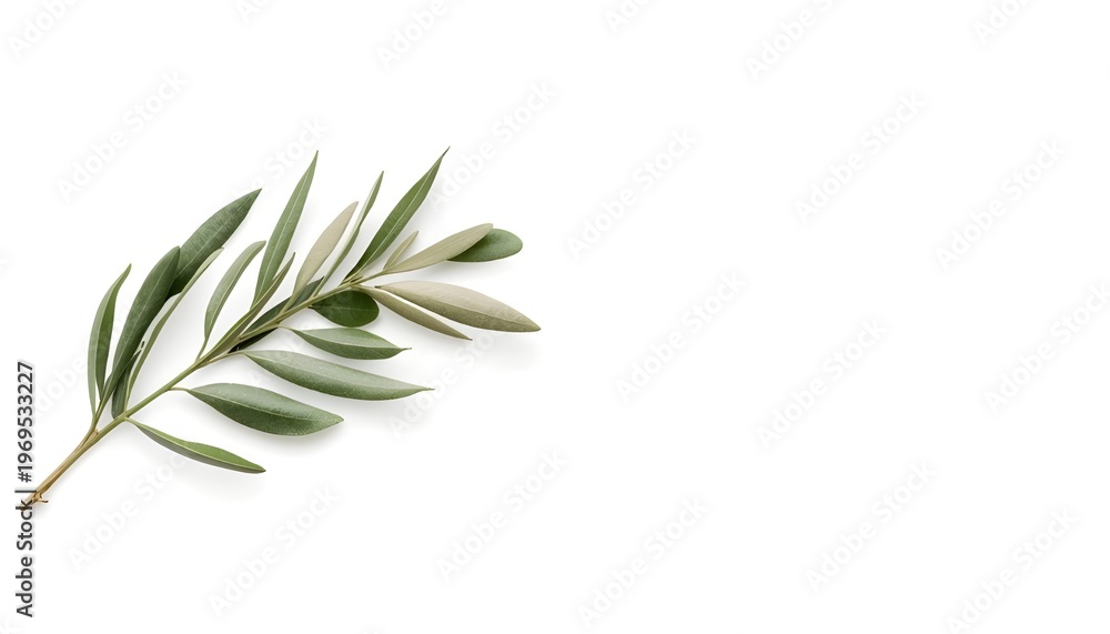 Fototapeta premium A single olive branch with green leaves on a white background