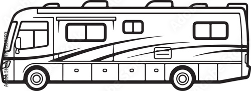 Motorhome, RV, camper van, recreational vehicle, travel trailer, vector illustration, black and white