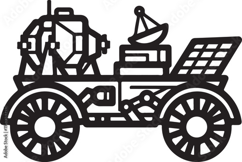 Black, solar powered, satellite truck, vector icon, futuristic vehicle, eco friendly transportation