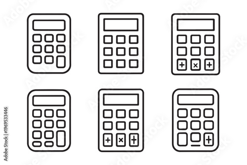 set of six black silhouette line art Calculator design different style  vector white background