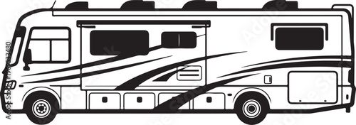 Motorhome, RV, recreational vehicle, travel trailer, black and white, vector illustration