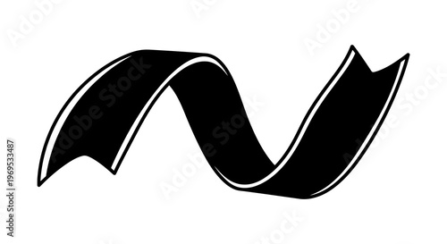 A black ribbon with a white outline, curled and twisted in a wavy pattern against a white background.
