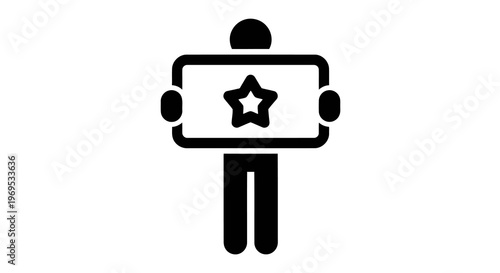 A simple graphic of a person holding a tablet with a star on the screen.