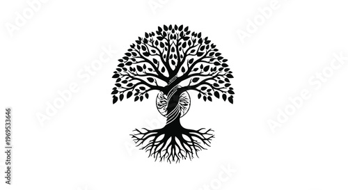 Stylized tree of life illustration with intricate roots and swirling trunk detail