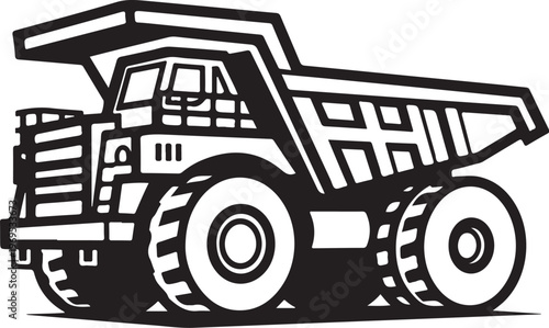 Black and white dump truck vector, heavy equipment illustration, construction vehicle icon, industrial transport symbol