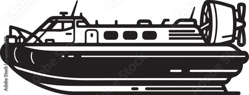 Black and white hovercraft, vector boat illustration, modern transportation, nautical design
