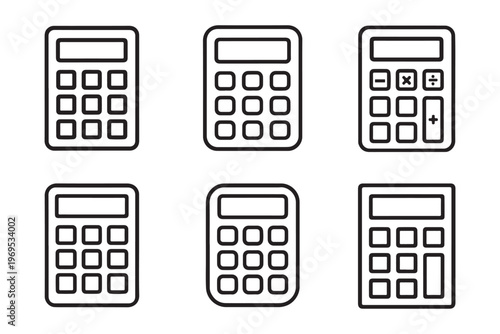 set of six black silhouette line art Calculator design different style  vector white background