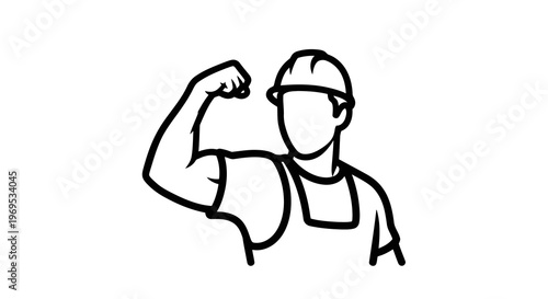 A simple line drawing of a worker flexing their arm in a powerful gesture.