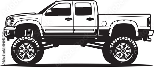 Vector pickup truck, lifted truck, off-road vehicle, black and white illustration