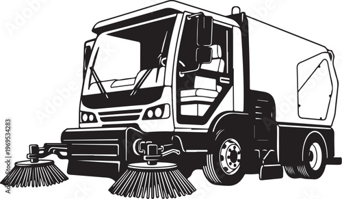 Street Sweeper Truck, Urban Cleaning Vehicle, Municipal Maintenance, Black and White Illustration