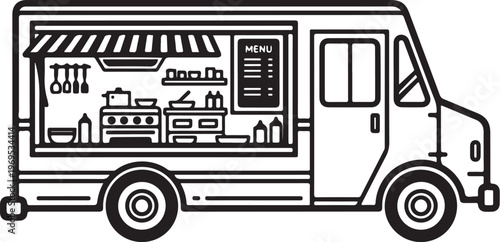 Food truck, vector illustration, black line art, restaurant on wheels, mobile kitchen
