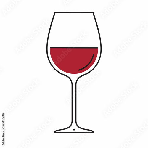 Minimalist Wine Glass Illustration with Deep Red Wine and Thin Black Outline