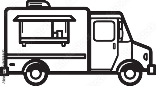 Food truck, vector food truck, black line truck icon, restaurant on wheels, catering vehicle