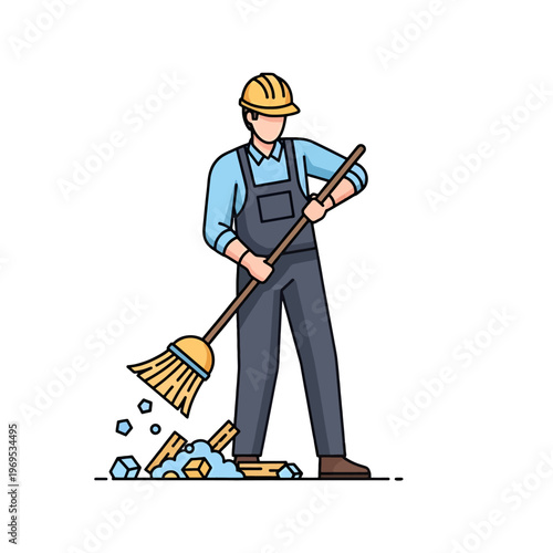 A construction worker sweeps debris with a broom on a white background