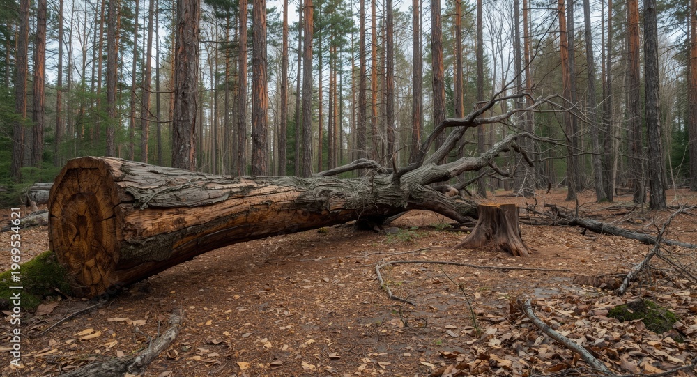 Fototapeta premium Barren forest area featuring a large fallen tree and visible stumps nearby