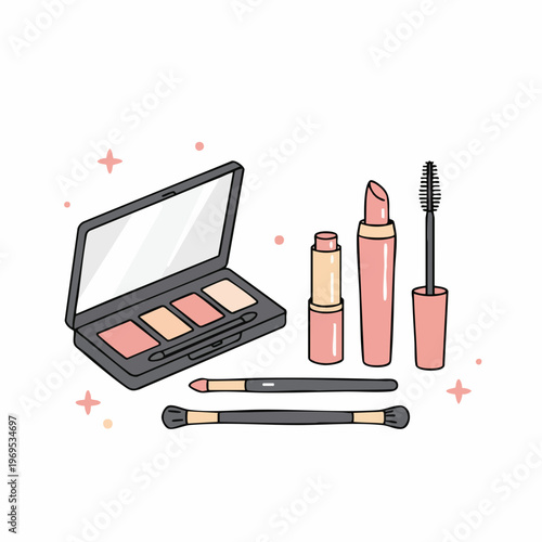Stylized Makeup Set: Eyeshadow Palette, Lipsticks, Brushes, and Mascara