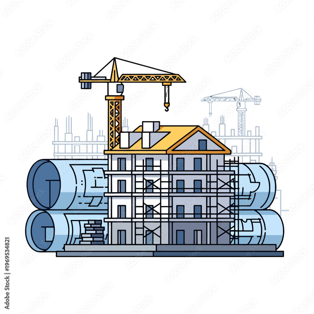 Fototapeta premium Building construction with blueprints and cranes on site