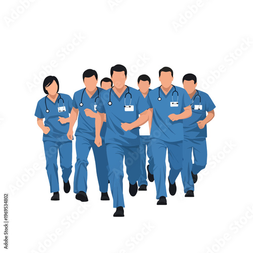 Medical professionals in blue scrubs running forward together