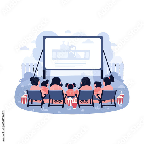 Family enjoys an outdoor movie screening on a pleasant evening