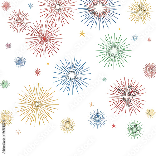 Colorful bursts of light explode against a white background