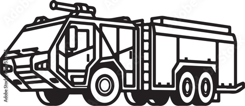 Fire truck, emergency vehicle, rescue truck, black and white illustration