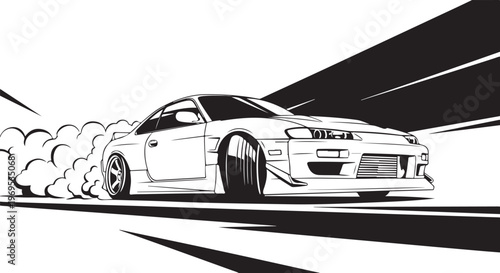 Drifting Car Vector, Black and White Sports Car Illustration, Racing Auto, Speed Motion Graphics