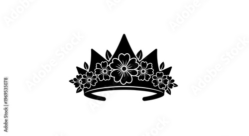 A beautiful black tiara with floral designs on a white background.