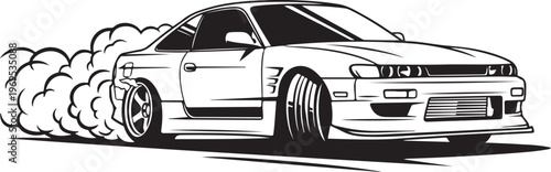 Drifting Car Vector, Sports Car Illustration, Racing Car Design, Black and White Automotive Art