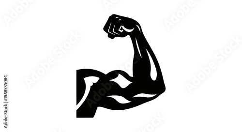 A black silhouette of a flexed arm against a white background.