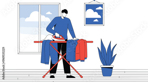 Man ironing clothes on an ironing board in a bright room with a window, plants, and artwork, symbolizing domestic chores and morning routine.