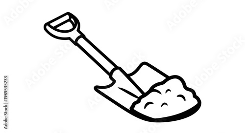 A simple black and white drawing of a shovel with sand.