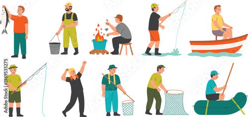 Large vector collection of people fishing featuring various angling techniques including net fishing boat fishing and campfire cooking.