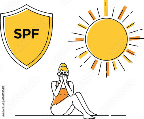 Woman shielding her face from the sun, with a shield labeled SPF and a bright sun, representing sun protection and skincare during sunny weather.