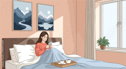 Young woman using her smartphone in bed, with coffee on a tray and artwork on the wall, depicting a cozy morning routine and modern lifestyle.