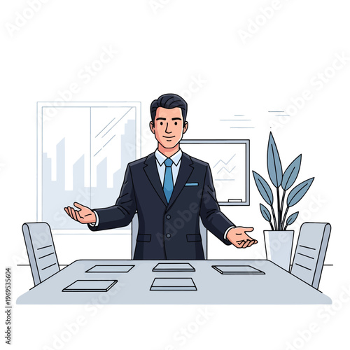A professional man in a suit gestures welcomingly in an office setting