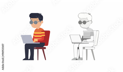 Flat and Line Art Vector Illustration of Nerd Man Working on Laptop