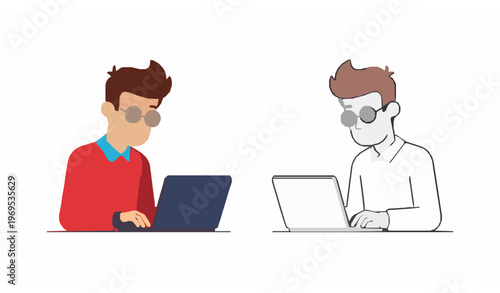 Cartoon Geek Typing on Laptop Vector with Minimalist Flat and Line Art Style
