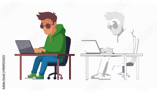 Geek Man Cartoon Character Vector with Glasses Typing on Laptop for Tech Illustrations