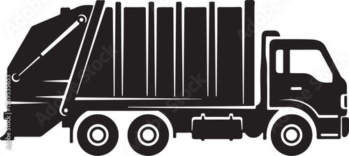 Garbage truck, waste management vehicle, sanitation truck, black silhouette, vector illustration