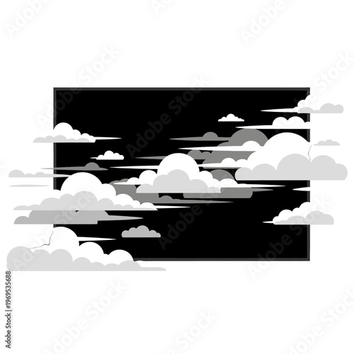 Stylized clouds drift across a dark rectangular frame