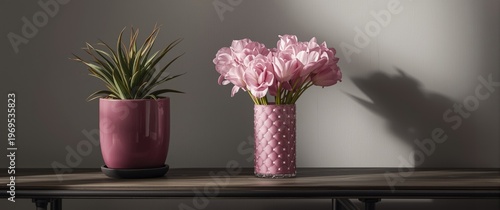 Serving table with magenta ...