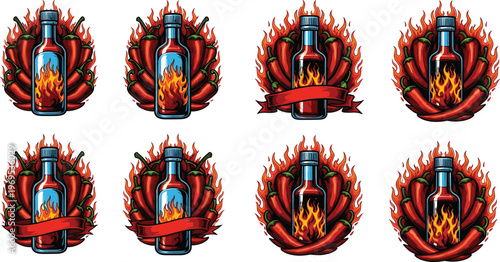 Collection of hot sauce bottle icons surrounded by fiery red chili peppers and flames, showcasing spicy condiments and intense flavor.