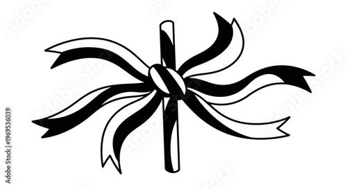 A simple black and white graphic of a pinwheel with ribbons.